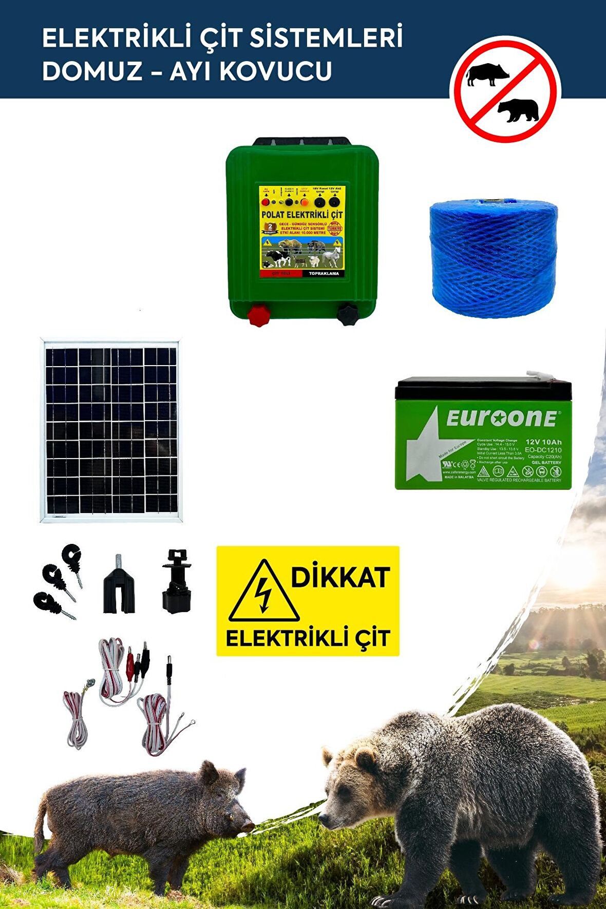 Elektrikli Çit Sistemleri( Domuz - Ayı Kovucu )Gece-Gündüz Sensörlü Güneş Panelli 1000MT