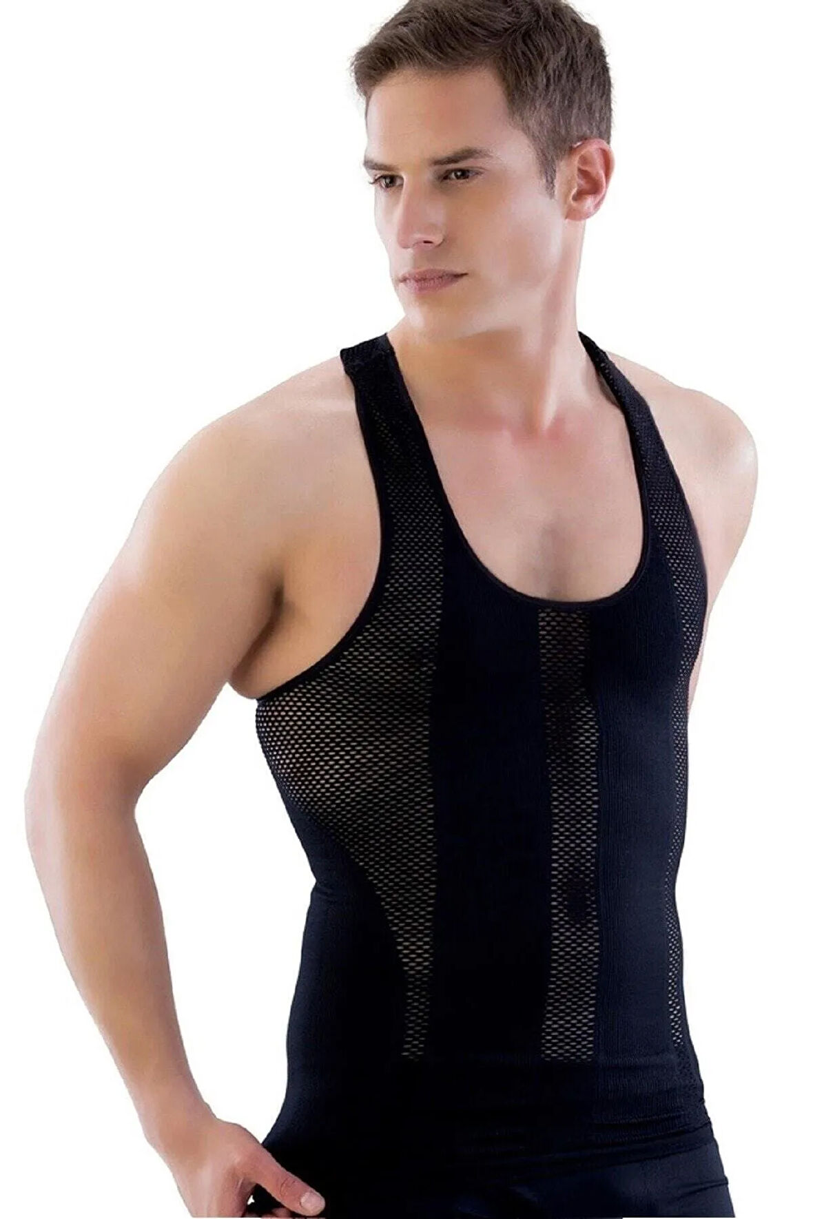 Erkek Siyah Dikişsiz File Sporcu Atlet Korse E1009