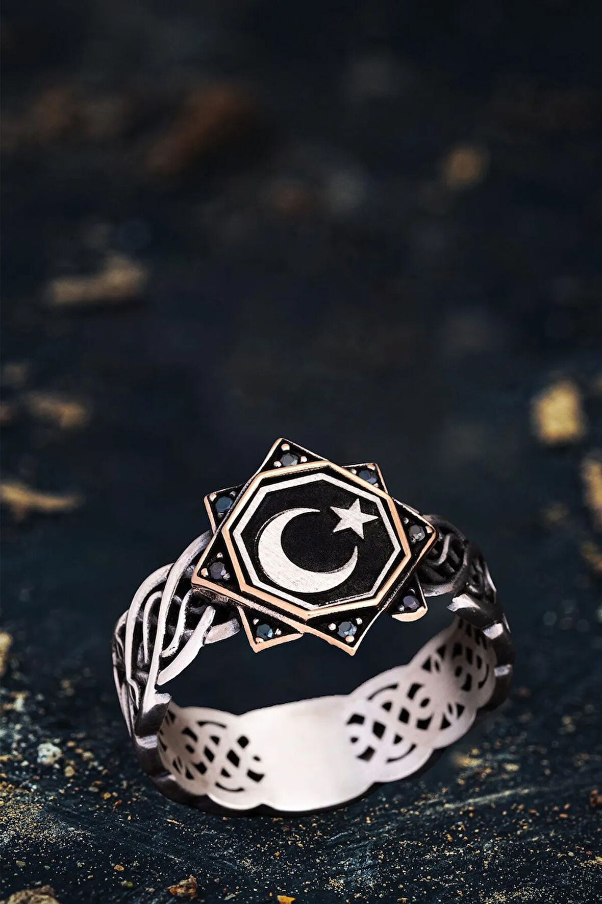 Erkek Gümüş Yüzük - Ay Yıldız Türk Bayrağı Motifli İnce Kibar Erkek Yüzüğü Model 2