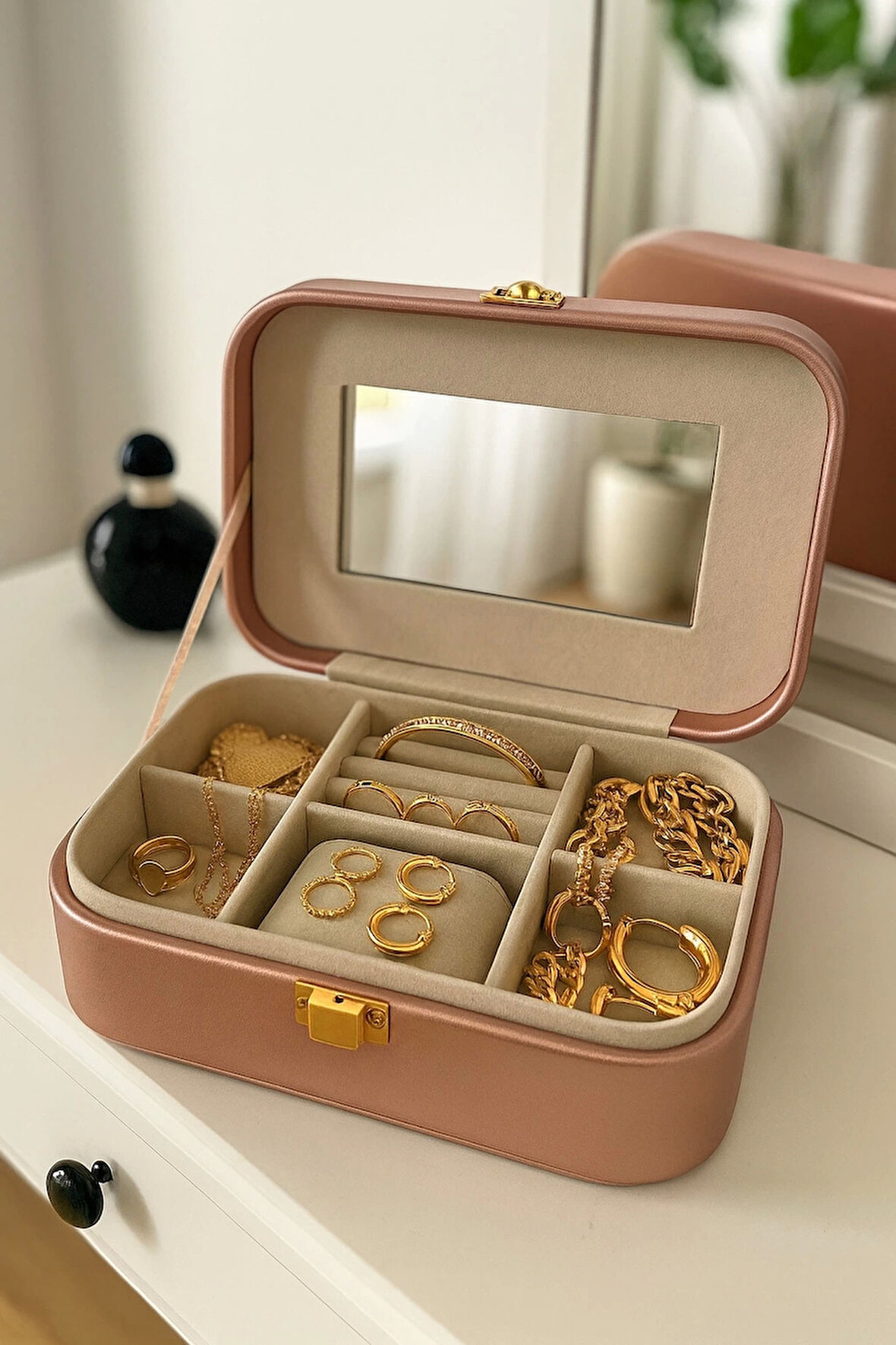 Deri Seyahat Takı Bijuteri Mücevher Kutusu Organizer Düzenleyici 20cm Pembe İthal Ürün