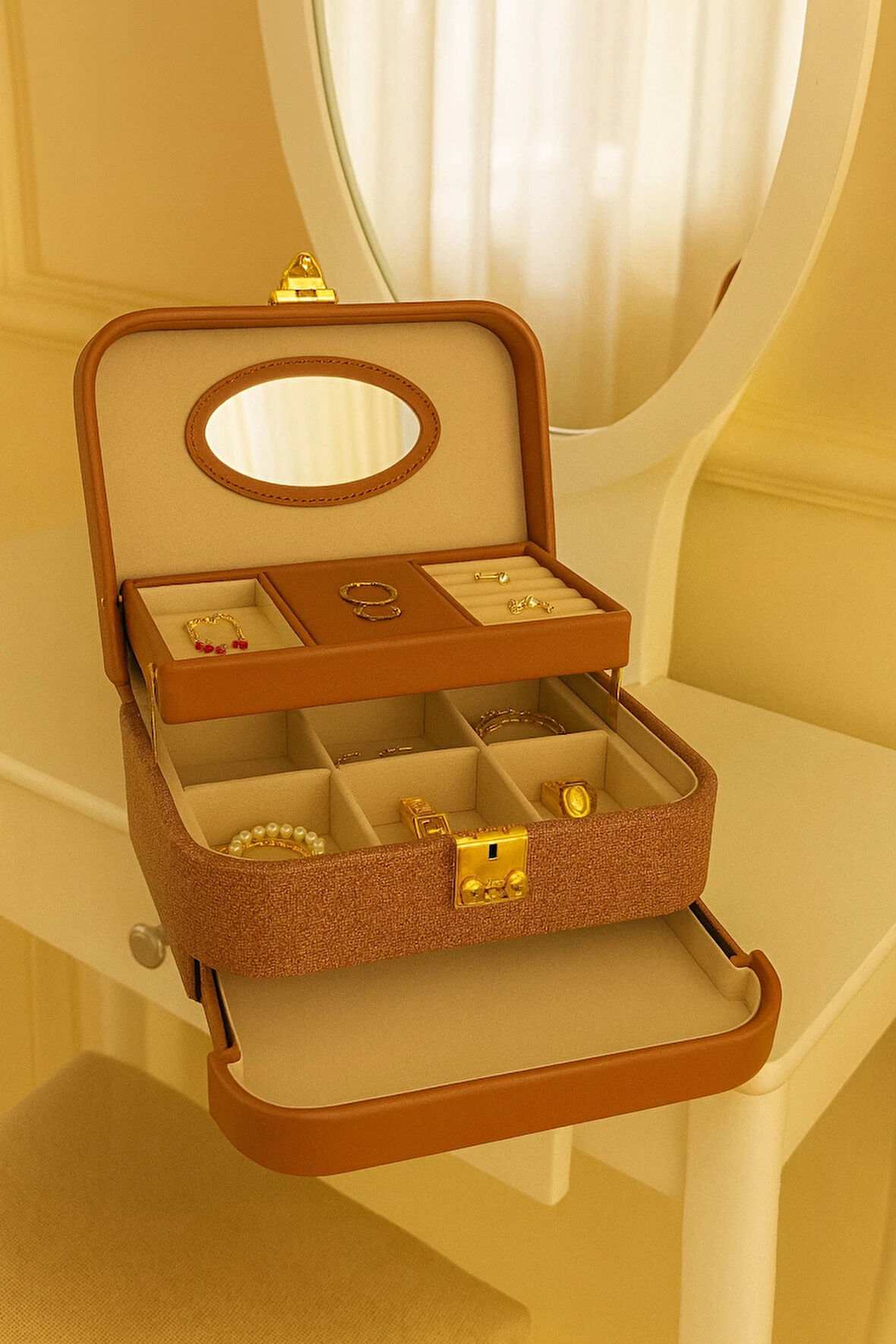 Otomatik Açılır Kapanır Kilitli 2 Çekmeceli Takı Bijuteri Mücevher Kutusu Organizer Düzenleyici Kahverengi İthal Ürün