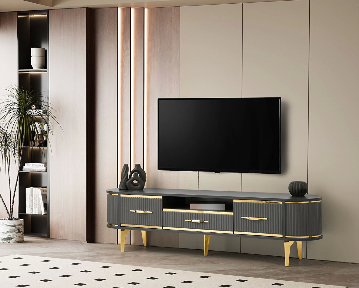 Tv Sehpası 1 Çekmeceli 2 Kapaklı Antrasit-Gold 180cm Kurulu Gönderilir