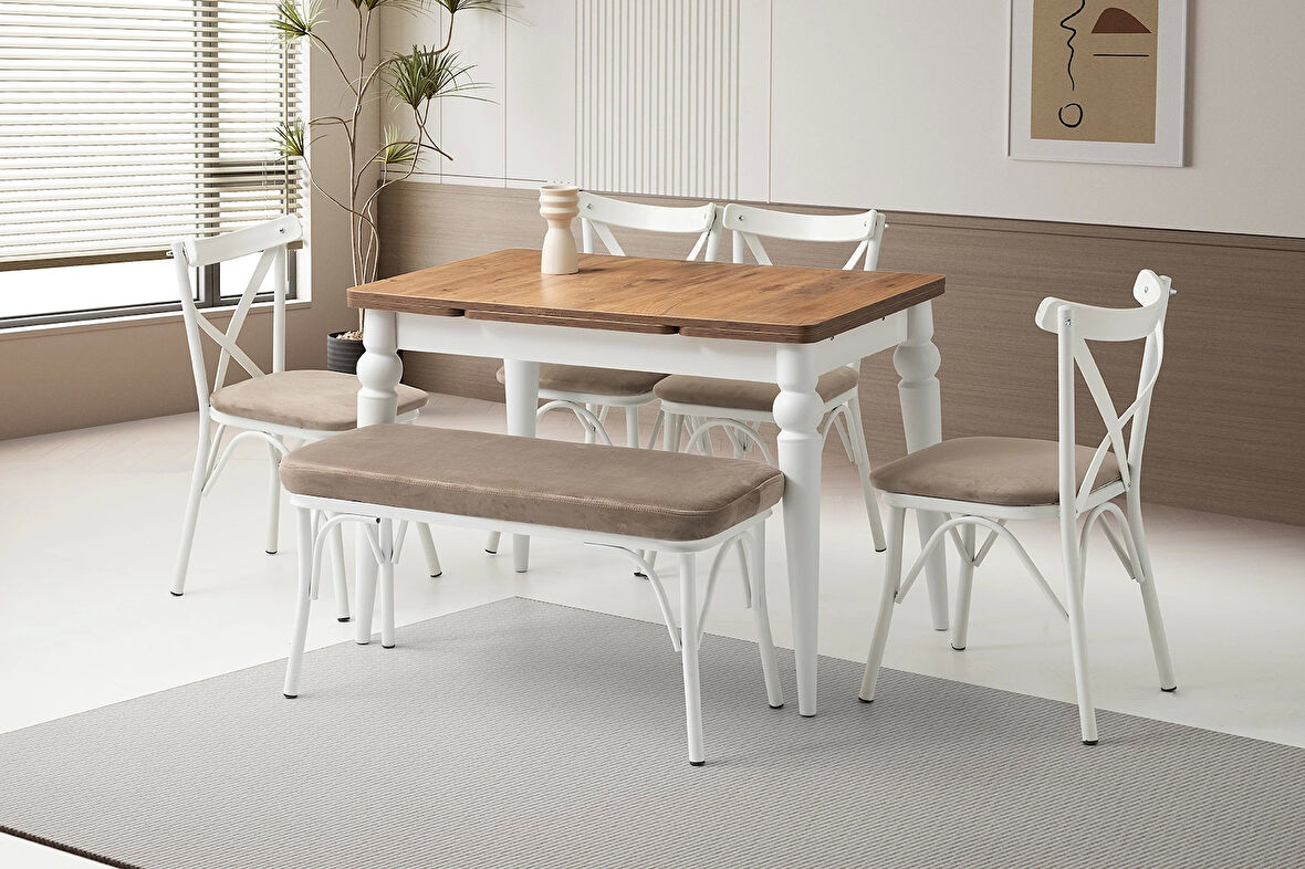 Ahşap Salon Yemek Masa Sandalye Takımı 1 Bench 4 Sandalyeli Yandan Açılır Büyüyen Meşe 80x120cm