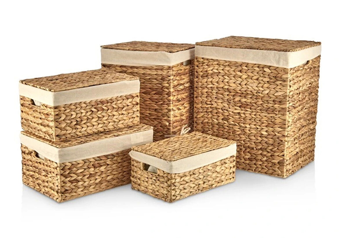 Dekoratif Dikdörtgen Kapaklı Sandık Düzenleyici Sepet 5 li