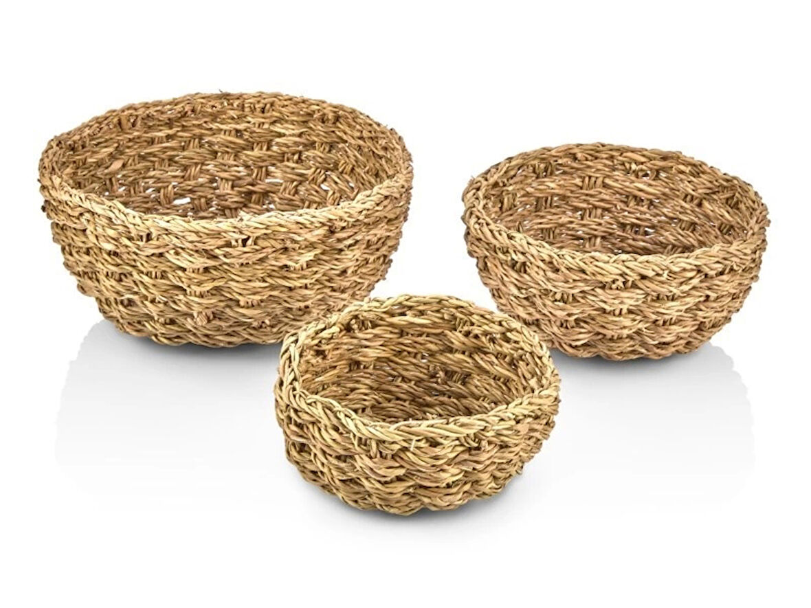 Dekoratif Yuvarlak Hasır Sepet Saksılık Düzenleyici 3 lü Set 9032