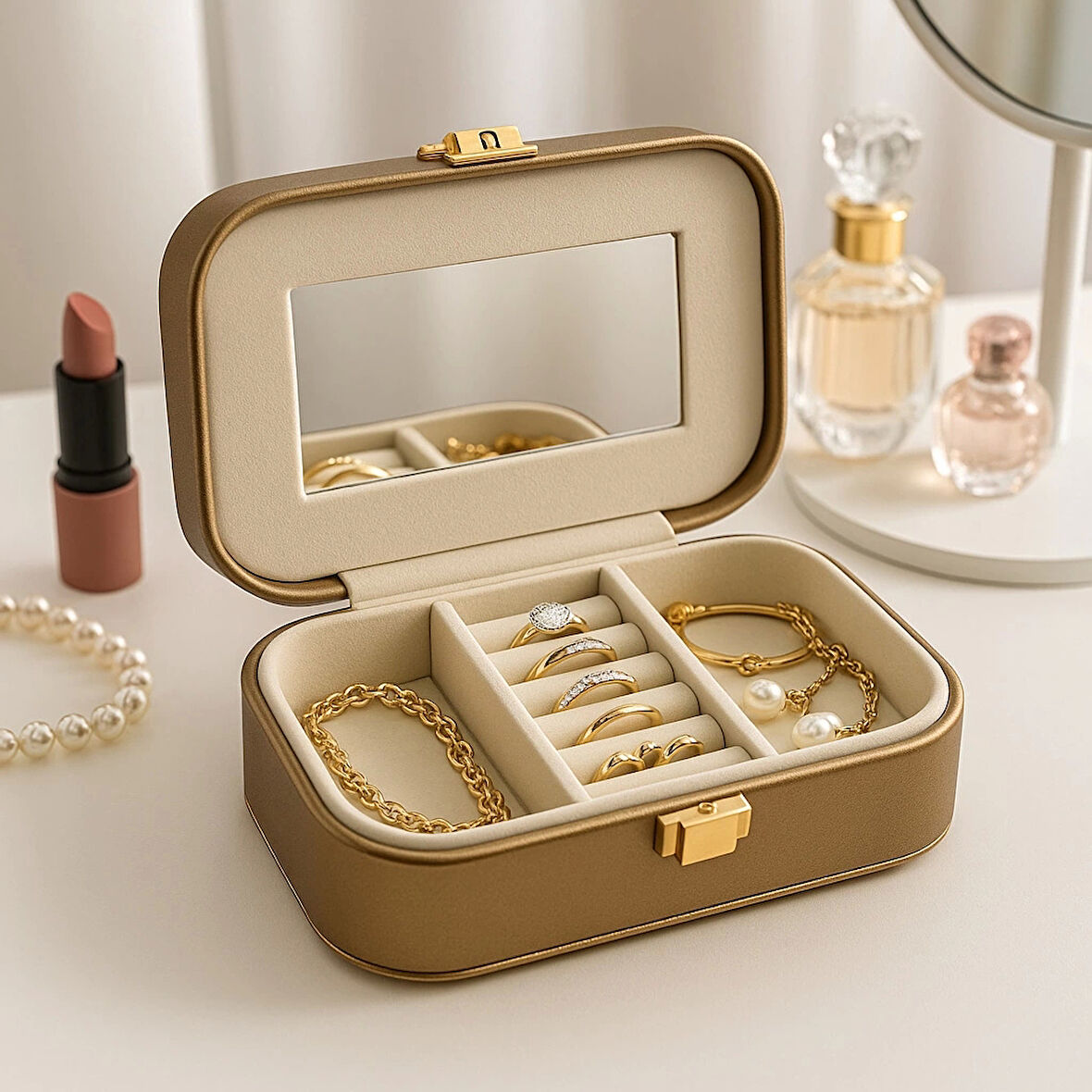 Deri Mini Seyahat Takı Bijuteri Mücevher Kutusu Organizer Düzenleyici 15cm Bronz İthal Ürün