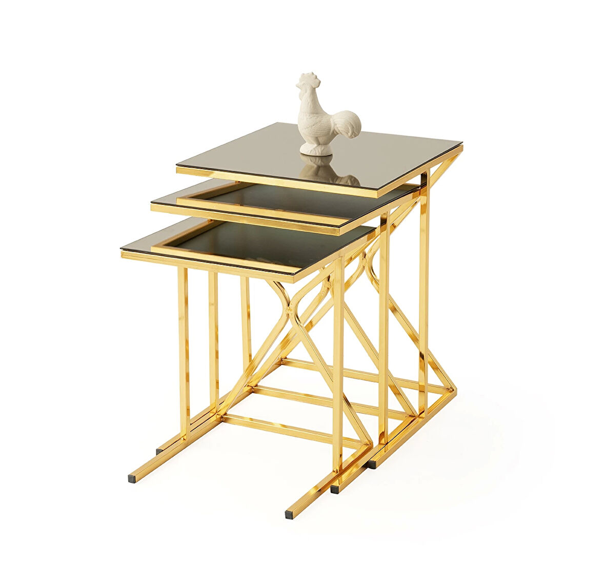 NLSN Dikdörtgen Cam Zigon Sehpa 3 lü Gold Kaplama Bronz Cam