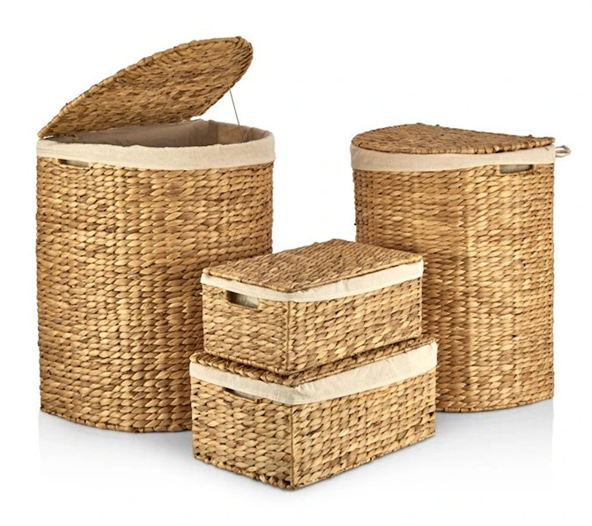 Dekoratif Kulplu Naturel Hasır Çamaşır Sepeti 4 lü