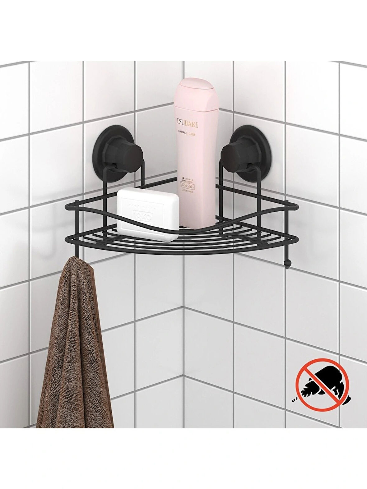 Vakumlu Banyo Duvar Rafı Şampuanlık Kancalı Köşe Rafı Siyah