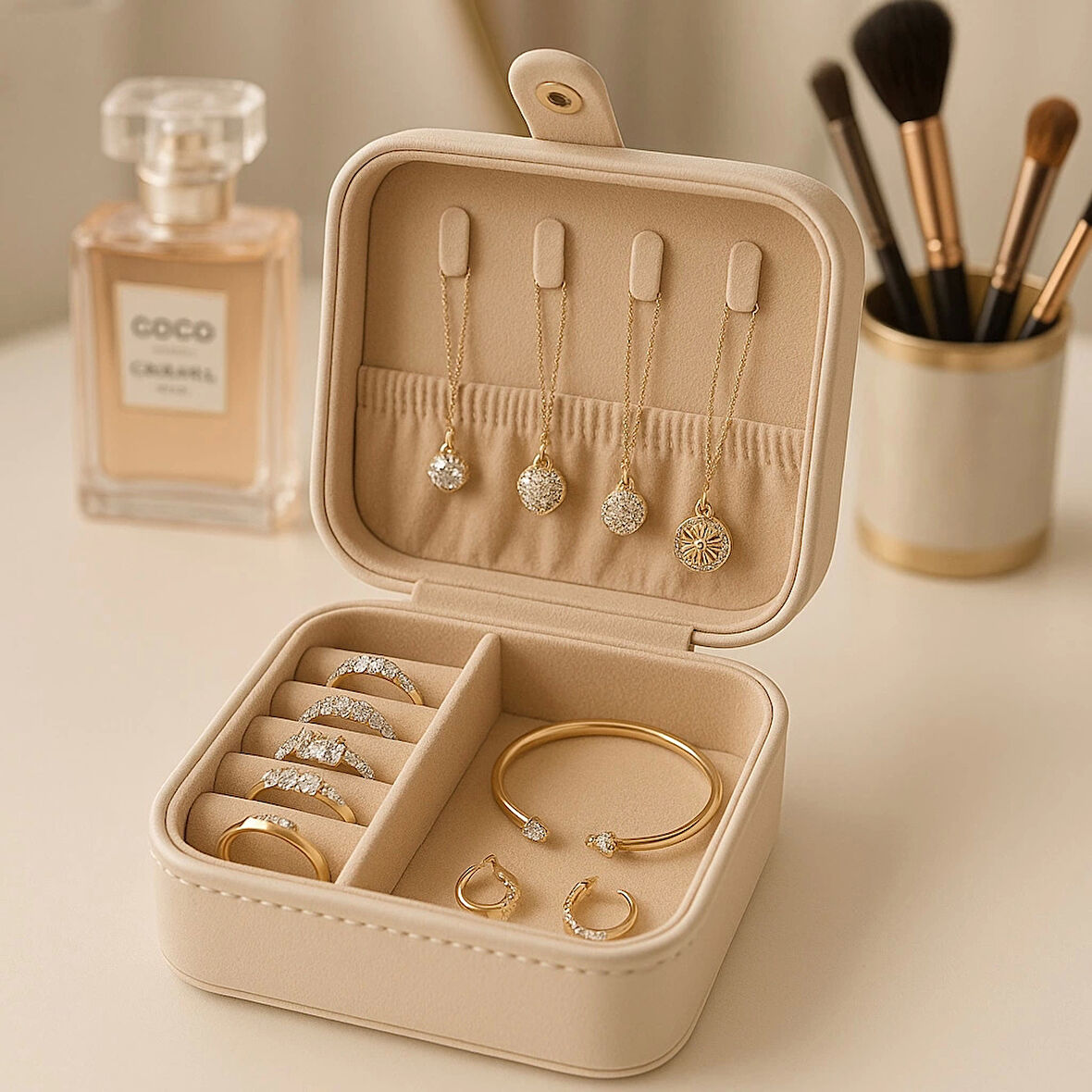 Deri Mini Baklava Desenli Seyahat Takı Bijuteri Mücevher Kutusu Organizer Düzenleyici 11,5cm Krem İthal Ürün