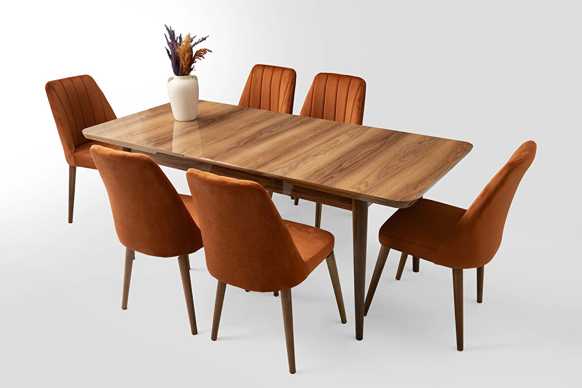 Kelebek Hazar Ahşap Salon Yemek Masa Sandalye Takımı 6 Sandalyeli Ortadan Açılır Büyüyen 90x160cm Ceviz