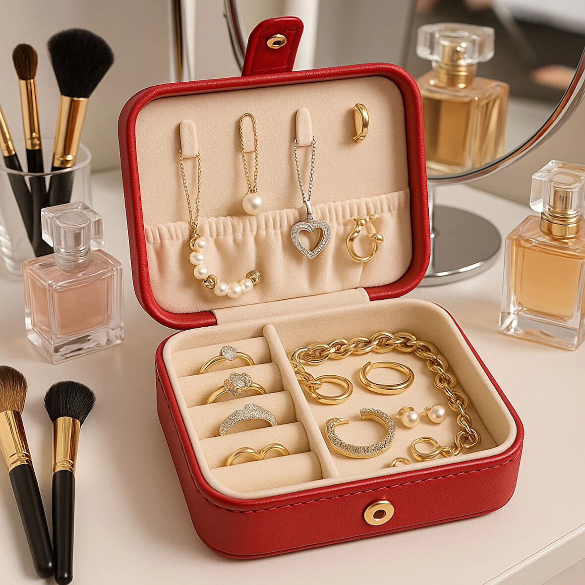 Deri Mini Baklava Desenli Seyahat Takı Bijuteri Mücevher Kutusu Organizer Düzenleyici 11,5cm Kırmızı İthal Ürün