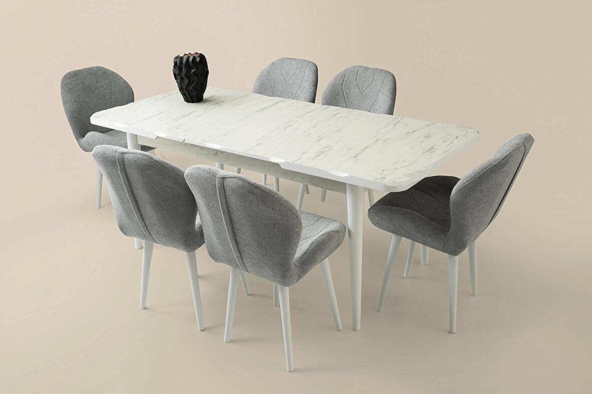 Ahşap Salon Yemek Masa Sandalye Takımı 6 Porto Sandalyeli Ortadan Açılır Büyüyen 90x160cm Mermer Desen