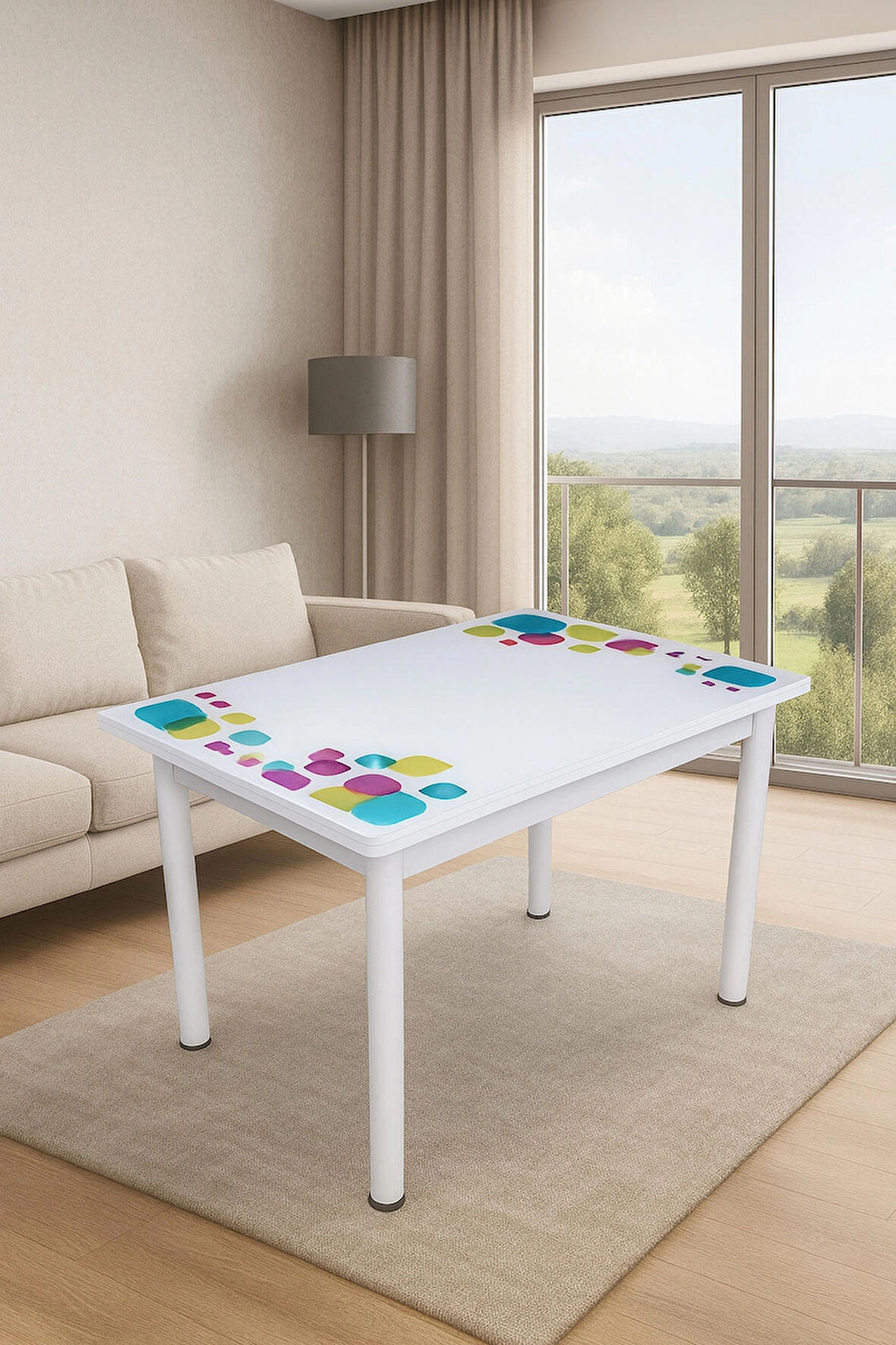 Yandan Açılır Büyüyen Cam Mutfak Masası Damla-Beyaz Ayaklı 70x110cm