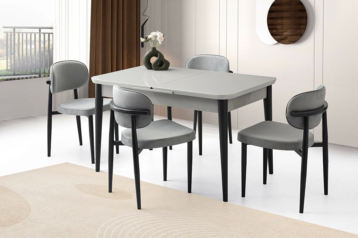 Ortadan Açılır Büyüyen 90x160cm Açık Gri Ahşap Salon Yemek Masa Gri Siesta Sandalye Takımı 4 Sandalyeli