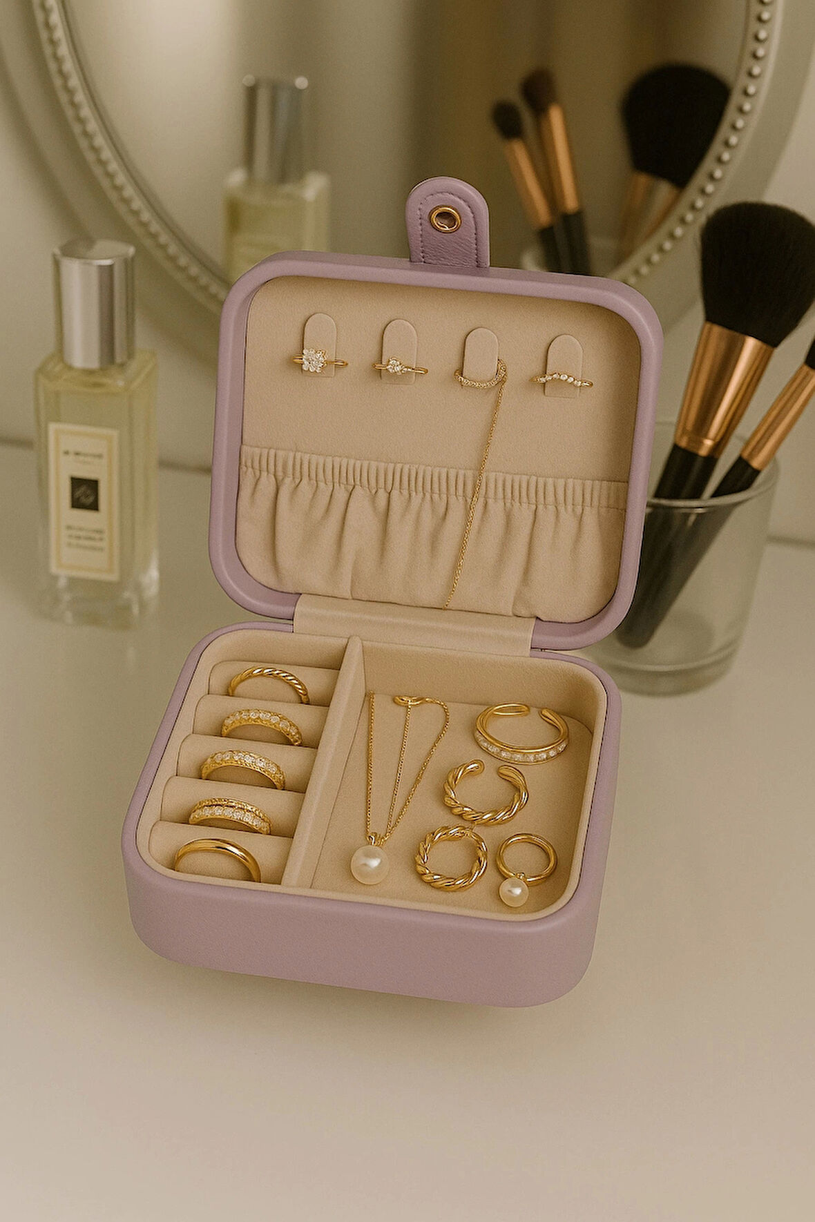 Deri Mini Baklava Desenli Seyahat Takı Bijuteri Mücevher Kutusu Organizer Düzenleyici 11,5cm Lila İthal Ürün