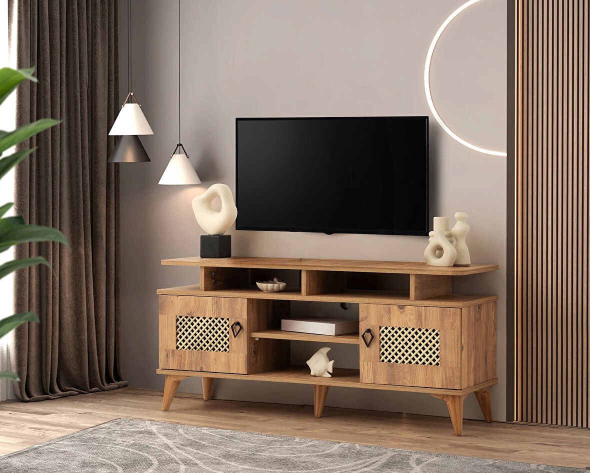 Tv Sehpası 2 Hasır Kapaklı Ceviz 130cm Kurulu Gönderilir