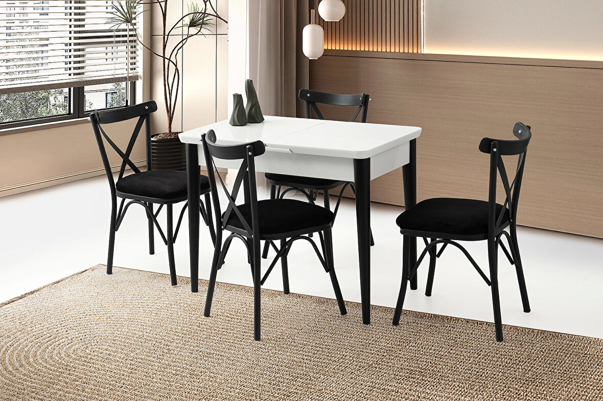 Kelebek Beyaz Ahşap Salon Yemek Masa Sandalye Takımı 4 Sandalyeli Ortadan Açılır Büyüyen 90x160cm