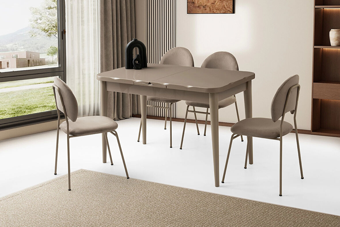 Ortadan Açılır Büyüyen 90x160cm Cappicino Ahşap Salon Yemek Masa Sandalye Takımı 4 Suna Sandalyeli
