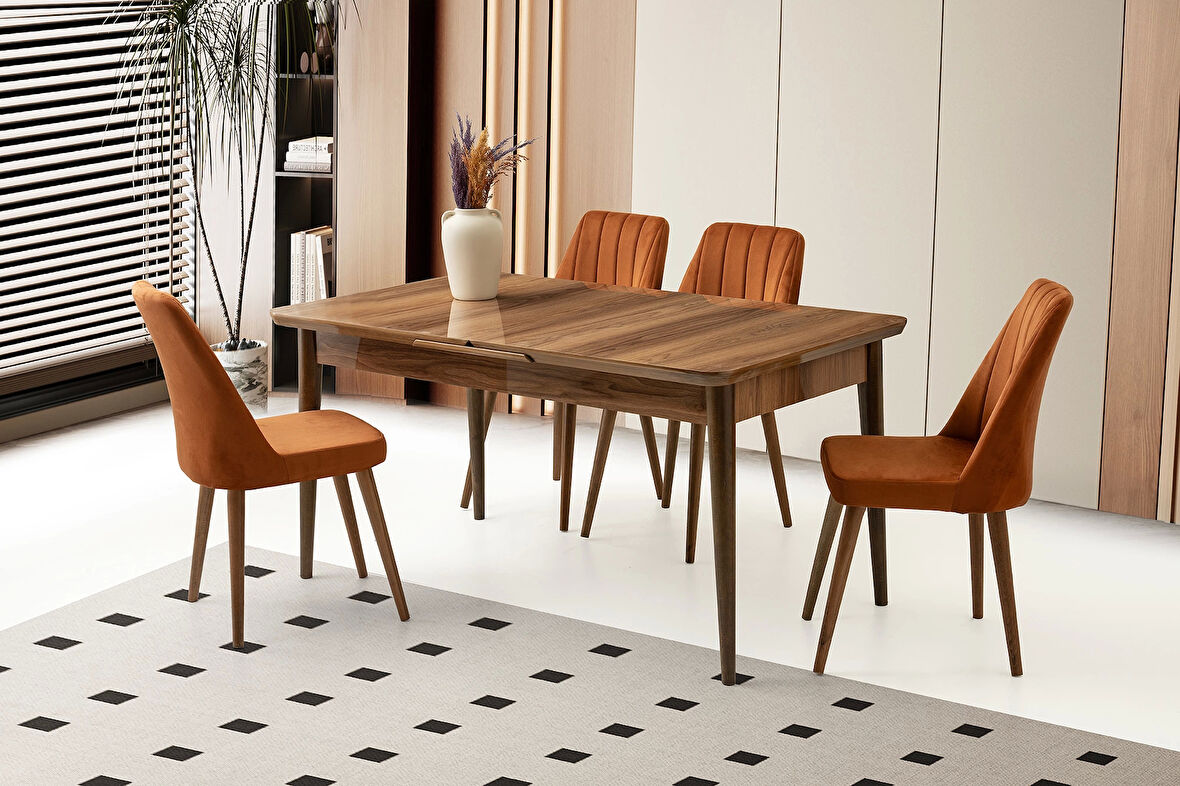 Kelebek Hazar Ahşap Salon Yemek Masa Sandalye Takımı 4 Sandalyeli Ortadan Açılır Büyüyen 90x160cm Ceviz