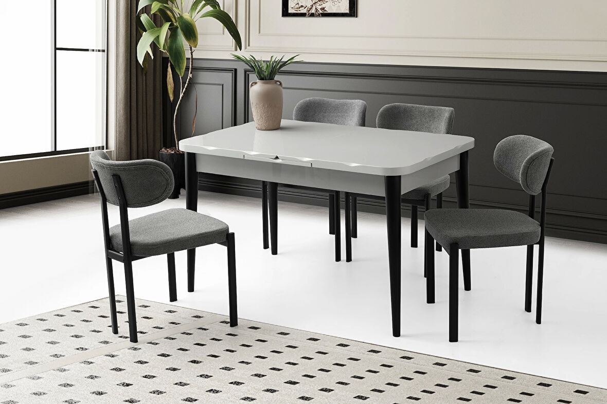 Ortadan Açılır Büyüyen 70x120cm Gri Ahşap Salon Yemek Masa Sandalye Takımı 4 Pelin Sandalyeli