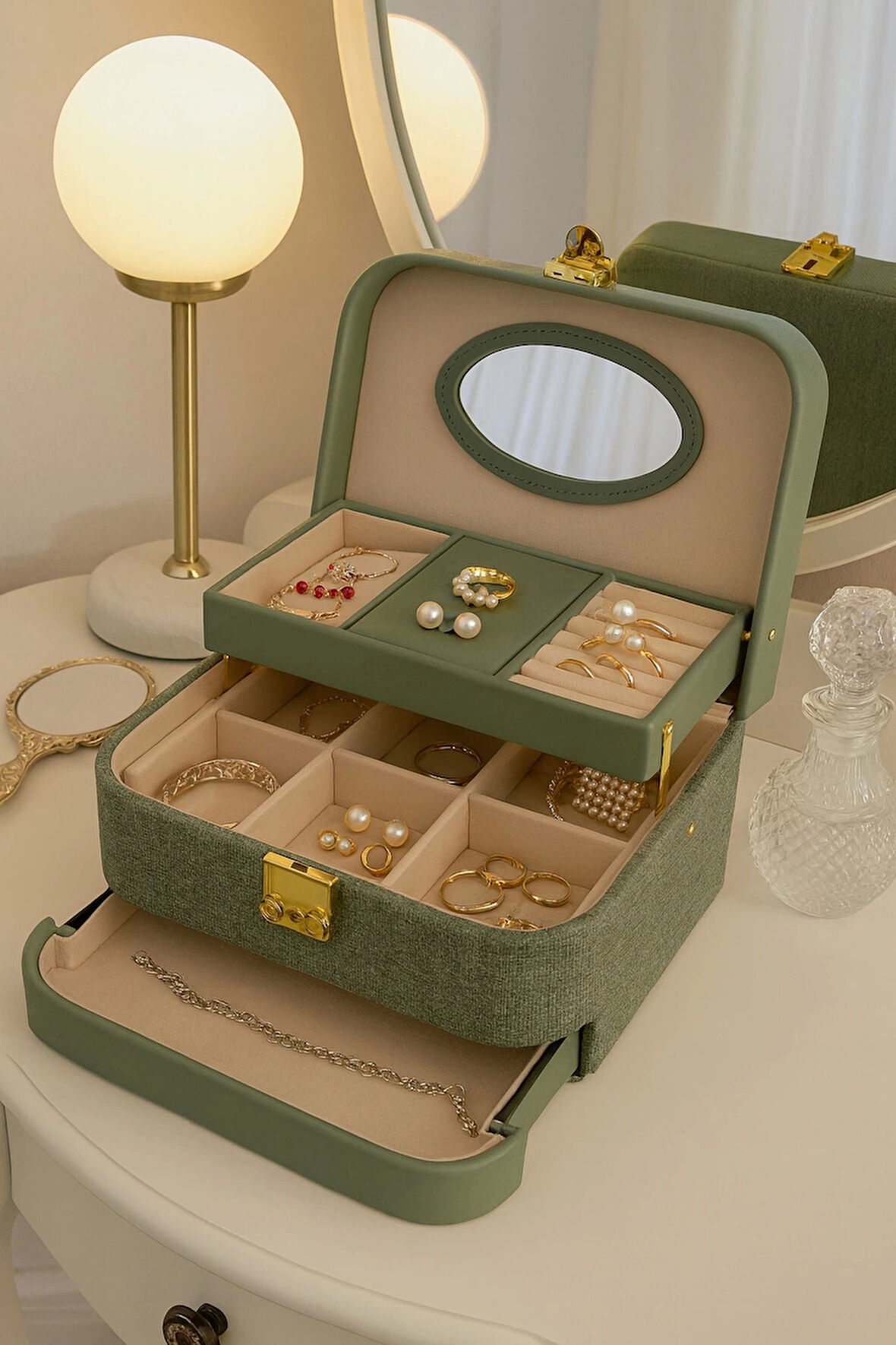 Otomatik Açılır Kapanır Kilitli 2 Çekmeceli Takı Bijuteri Mücevher Kutusu Organizer Düzenleyici Yeşil İthal Ürün
