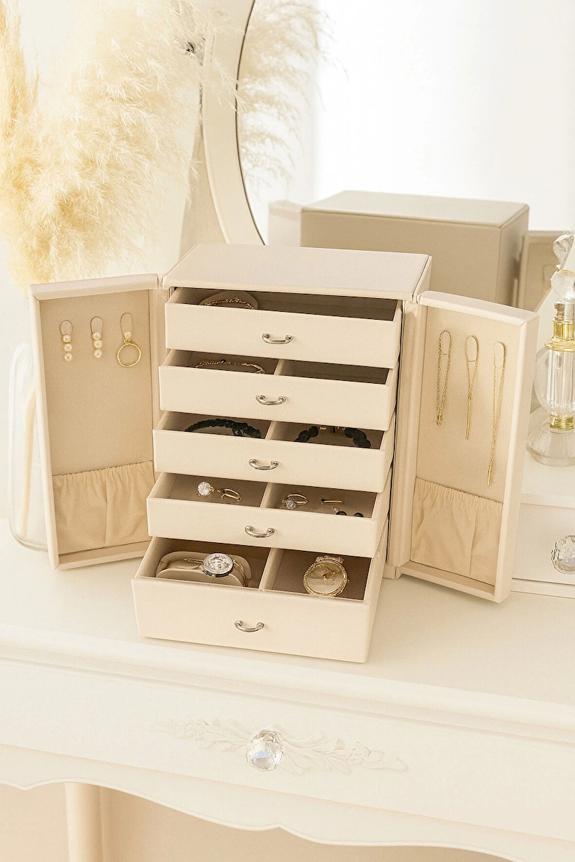 Dışı Deri İçi Kadife 5 Çekmeceli Takı Bijuteri Mücevher Kutusu Organizer Düzenleyici Krem İthal Ürün