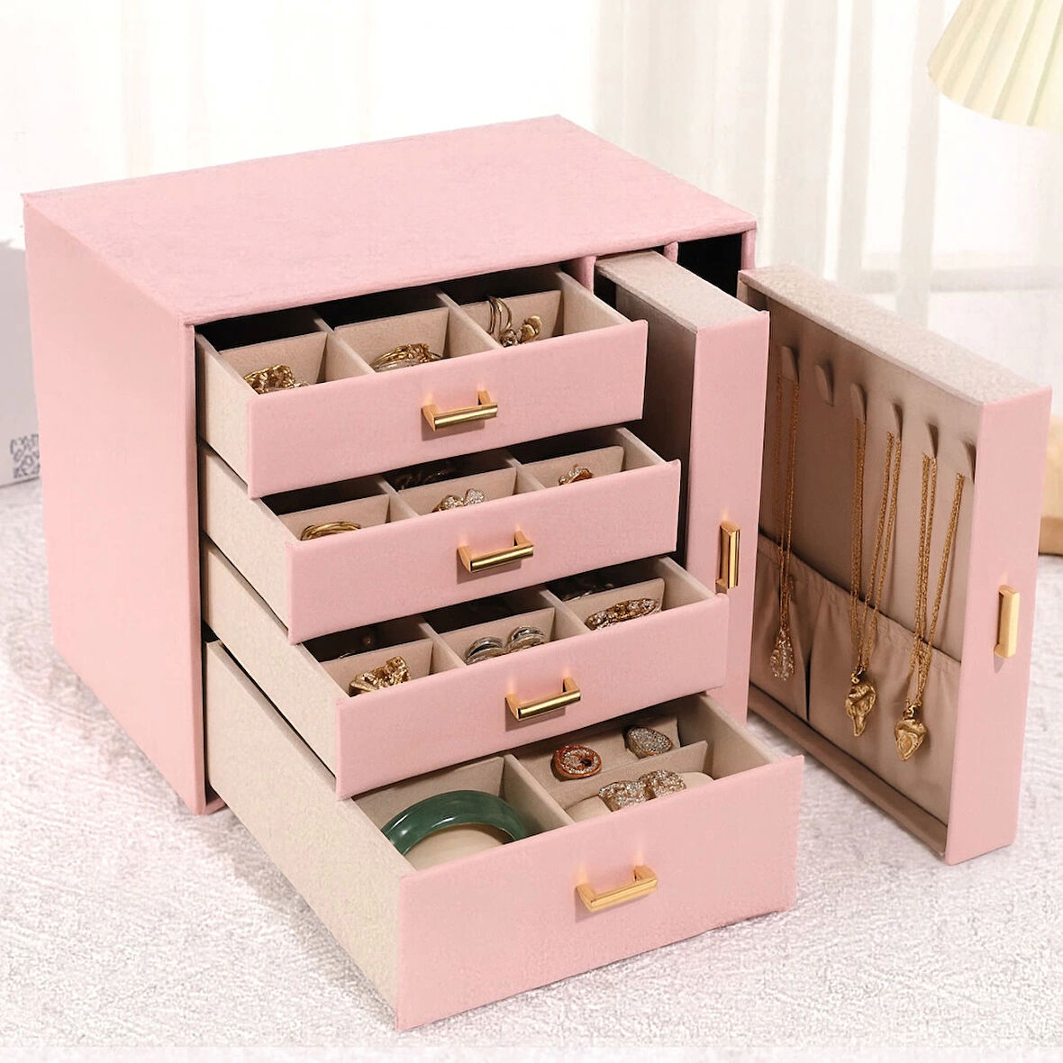 Dışı Deri İçi Kadife 6 Çekmeceli Takı Bijuteri Mücevher Kutusu Organizer Düzenleyici Pembe İthal Ürün