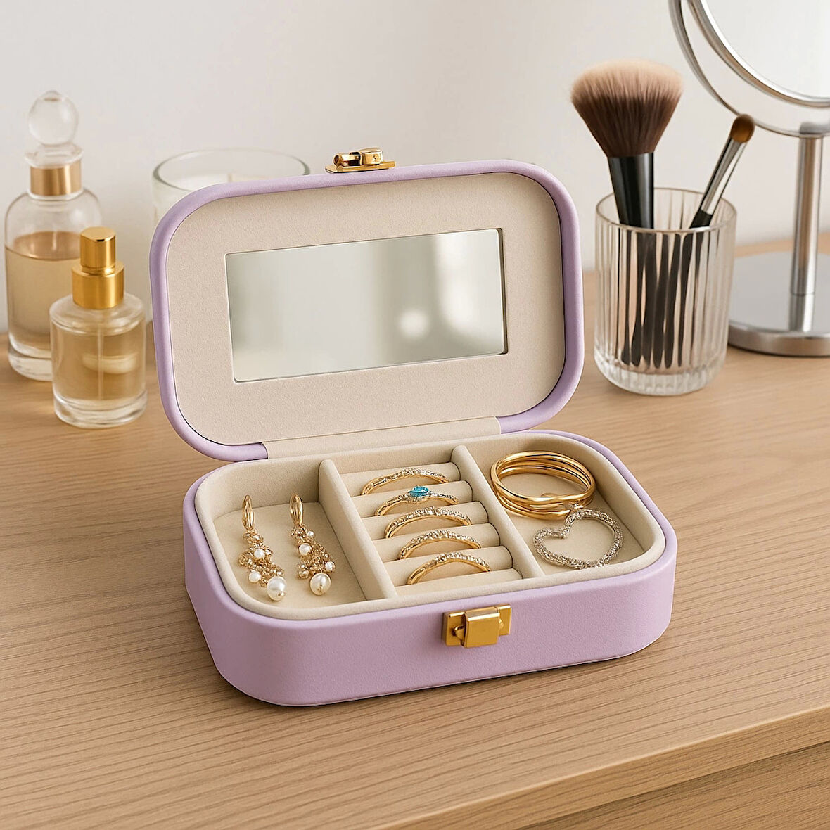 Deri Mini Seyahat Takı Bijuteri Mücevher Kutusu Organizer Düzenleyici 15cm Lila İthal Ürün