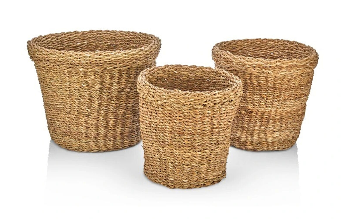 Dekoratif Yuvarlak Hasır Düzenleyici Sepet Saksılık 3 lü CL-12011