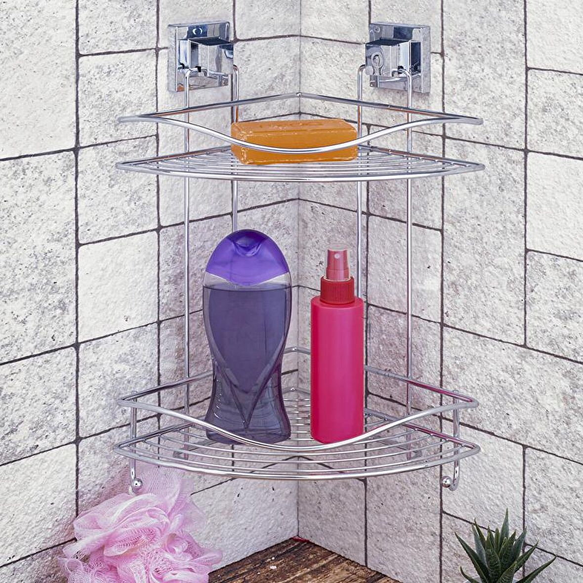 Banyo Köşe Rafı Kendinden Yapışkanlı 2 Katlı Kancalı Easyfix