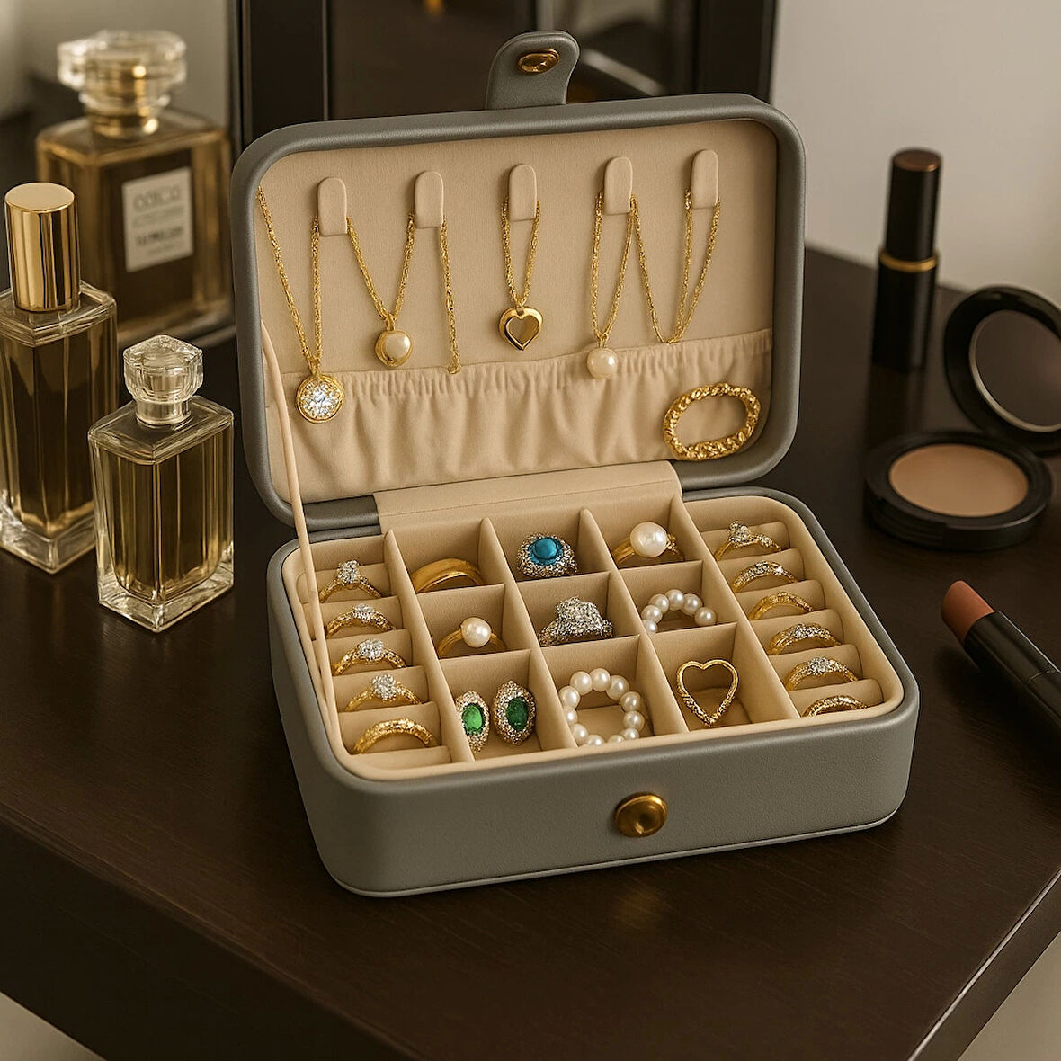 Deri Baklava Desenli Seyahat Takı Bijuteri Mücevher Kutusu Organizer Düzenleyici 16cm Gri İthal Ürün