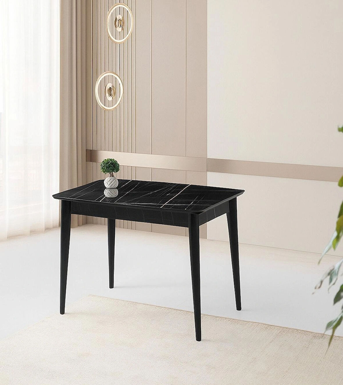 Ortadan Açılır Büyüyen Parlak Ahşap Yemek Masası Siyah Mermer Desenli 70x120cm SADECE MASA FİYATIDIR