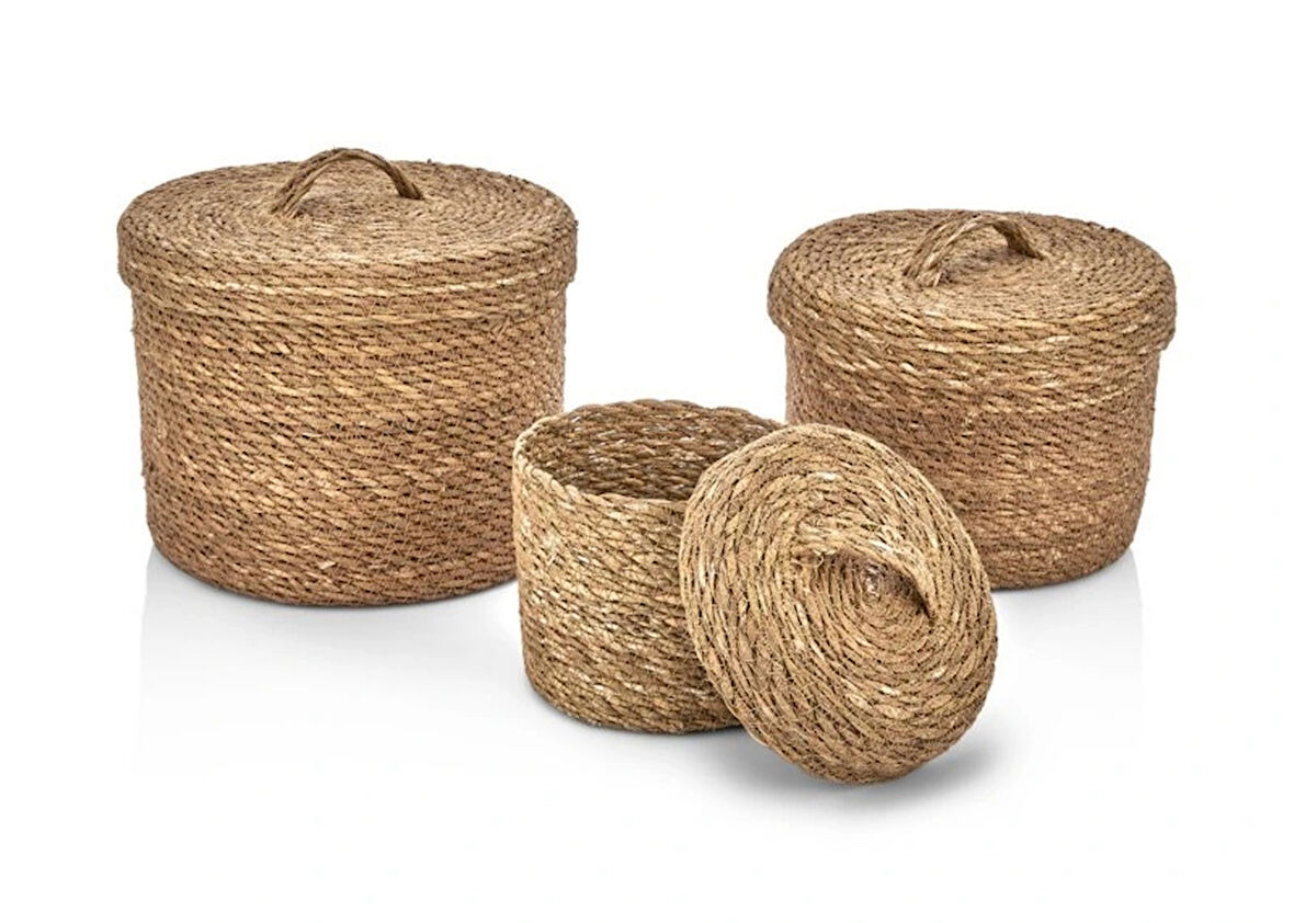 Dekoratif Kutu Natural Yuvarlak Düzenleyici Hasır Sepet 3 lü Set CL-14026