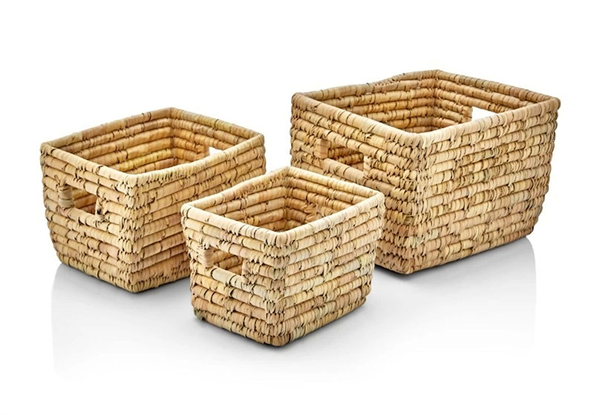 Dekoratif Dikdörtgen Kulplu Hasır Sepet Hurma Sele 3 lü Set