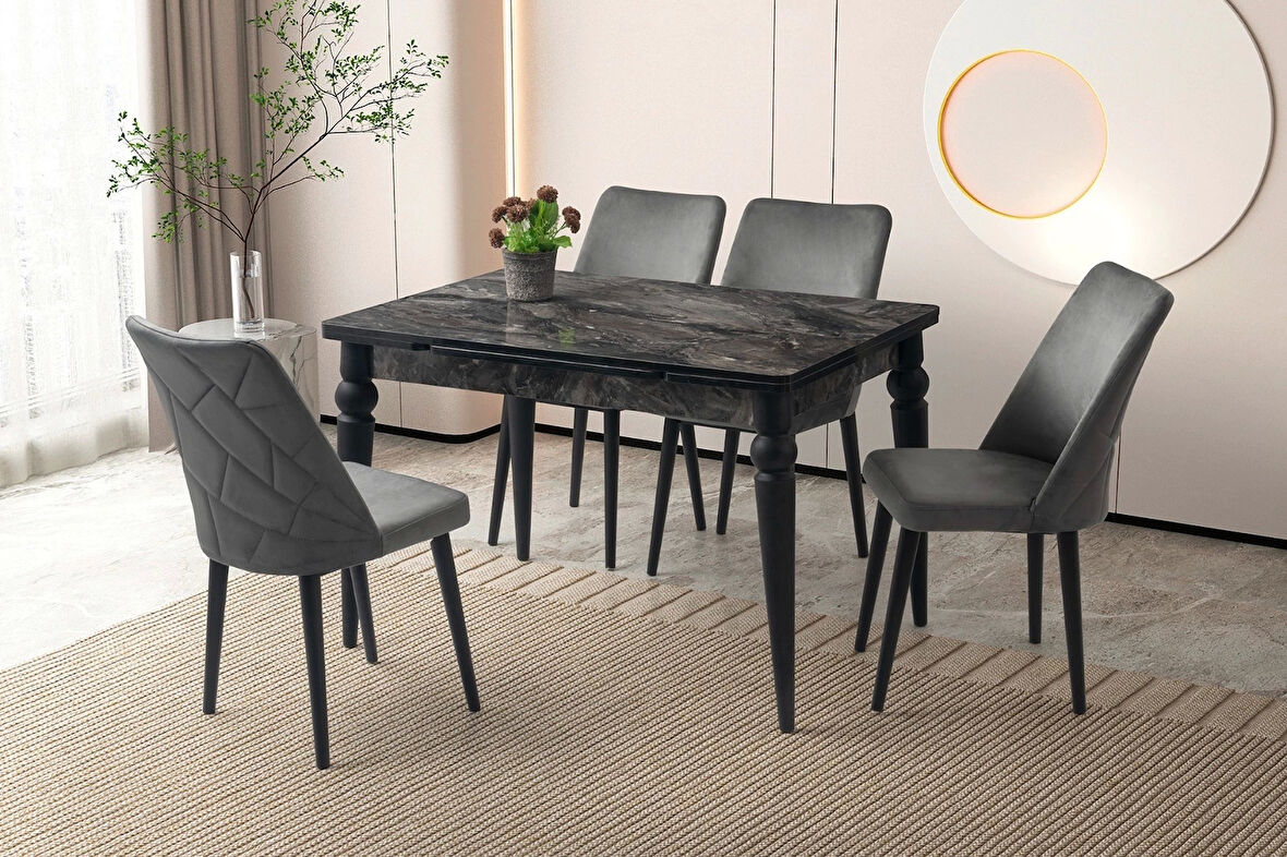 Ahşap Salon Yemek Masa Sandalye Takımı 4 Sandalyeli Yandan Açılır Siyah Mermer Desen 70x110cm
