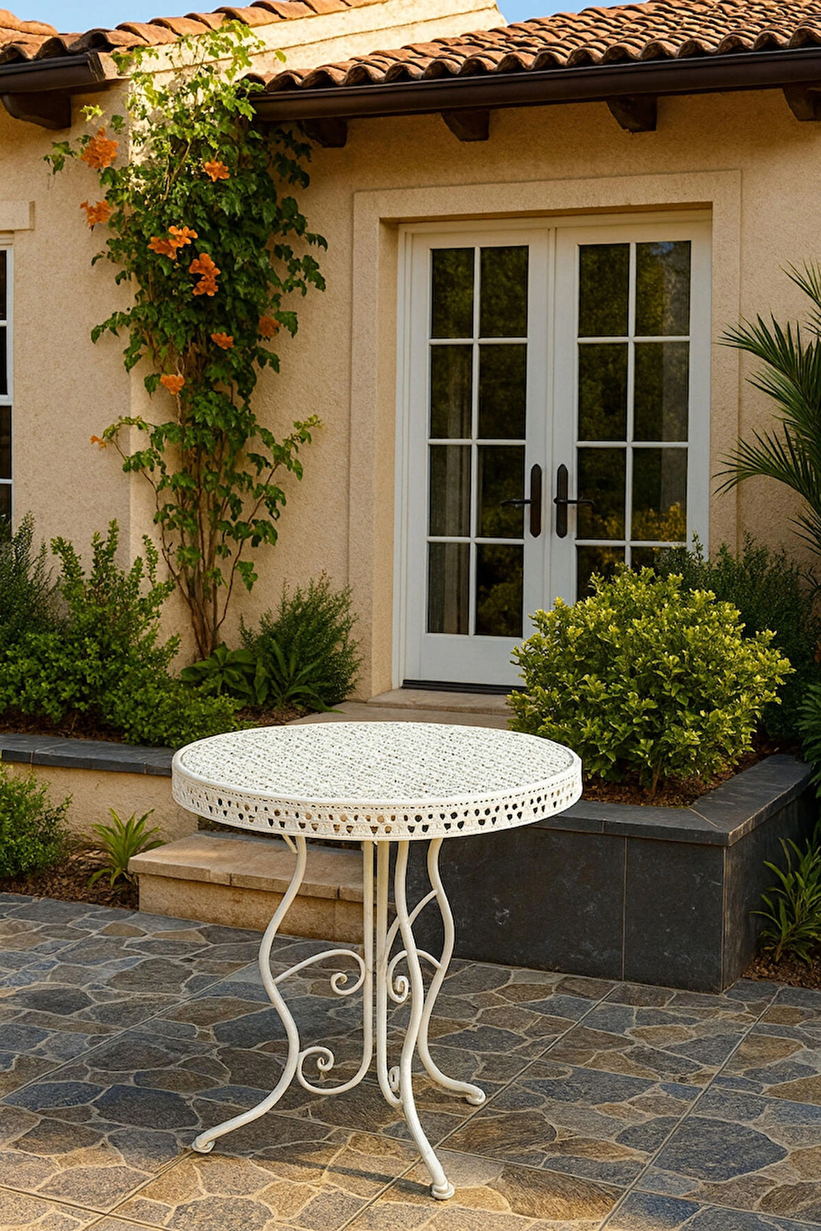 Ferforje Katlanır Masa Balkon Masası, Bahçe Masası Çap 60cm Beyaz