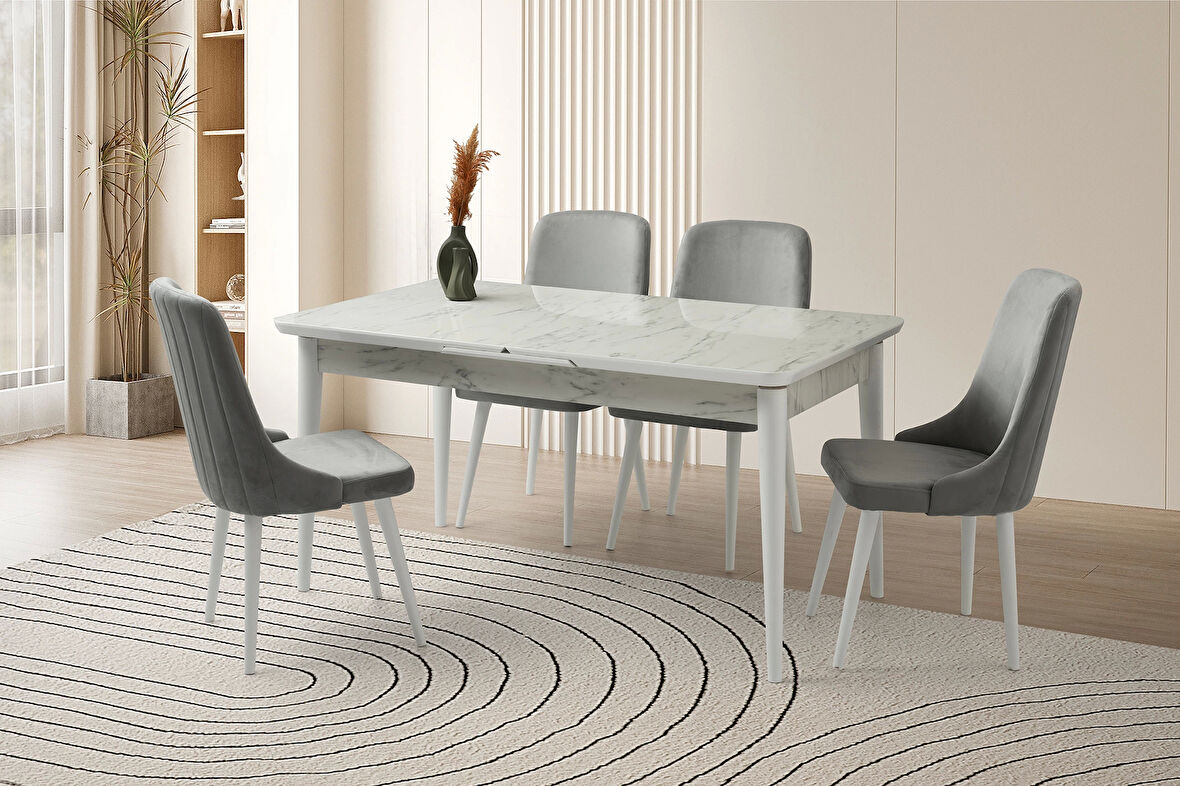 Kelebek Marmo Ahşap Salon Yemek Masa Sahra Sandalye Takımı 4 Sandalyeli Ortadan Açılır Büyüyen 90x160cm Mermer Desen