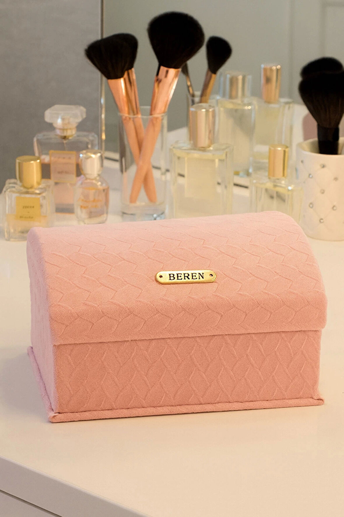 Dekoratif 3 Katlı Kadife Takı Bijuteri Mücevher Kutusu Organizer Düzenleyici Pembe