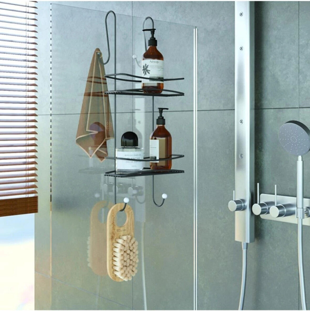 Duşakabin Banyo Rafı Şampuanlık 2 Katlı Askılı Siyah