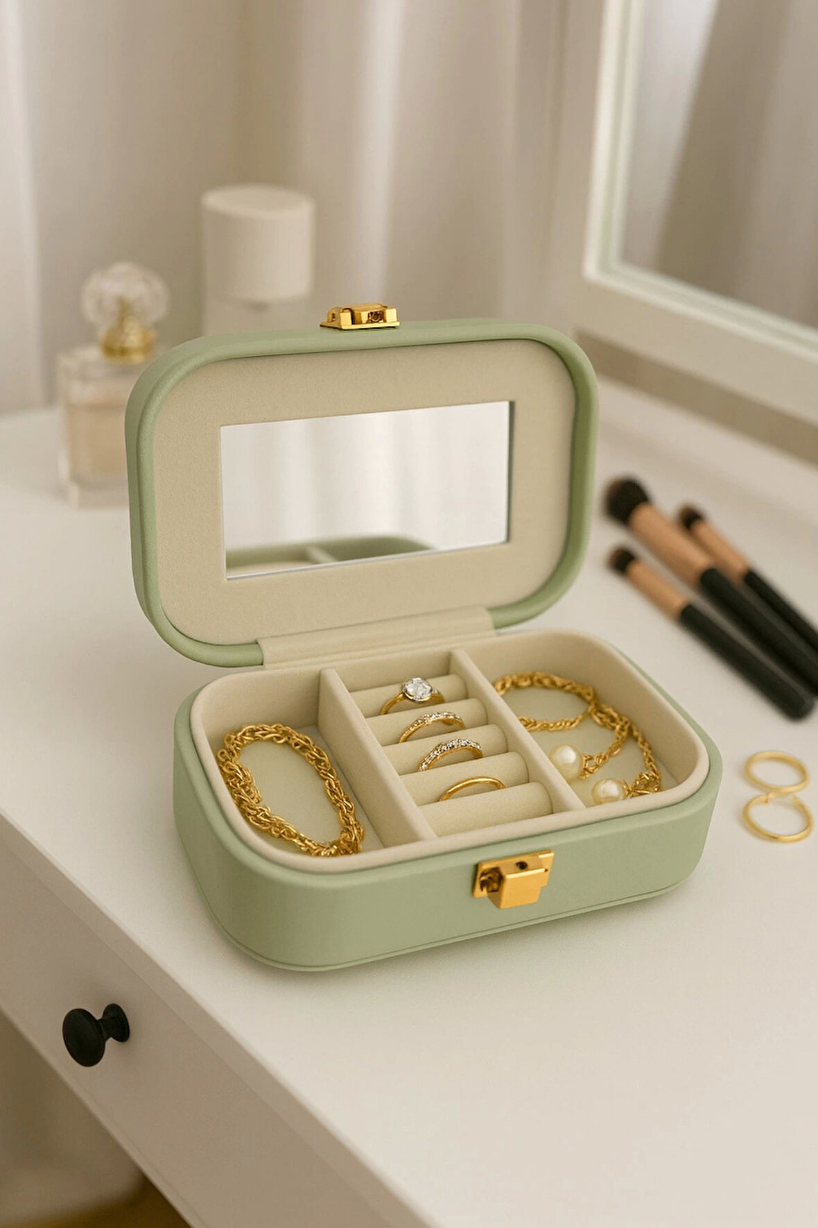 Deri Mini Seyahat Takı Bijuteri Mücevher Kutusu Organizer Düzenleyici 15cm Yeşil İthal Ürün