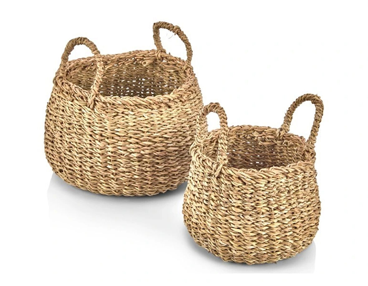 Dekoratif Yuvarlak Bombeli Saksılık Hasır Sepet 2 Adet