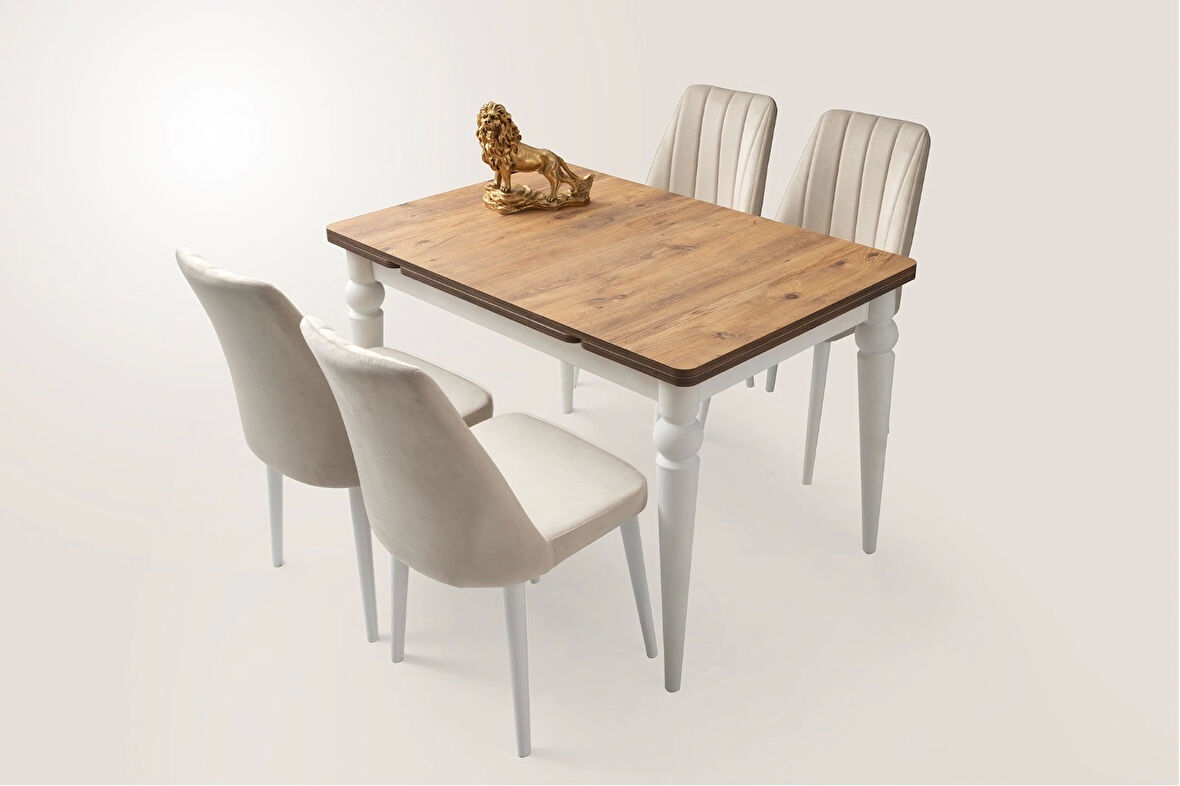 Ahşap Salon Yemek Masa Sandalye Takımı 4 Sandalyeli Yandan Açılır Büyüyen Meşe 70x110cm