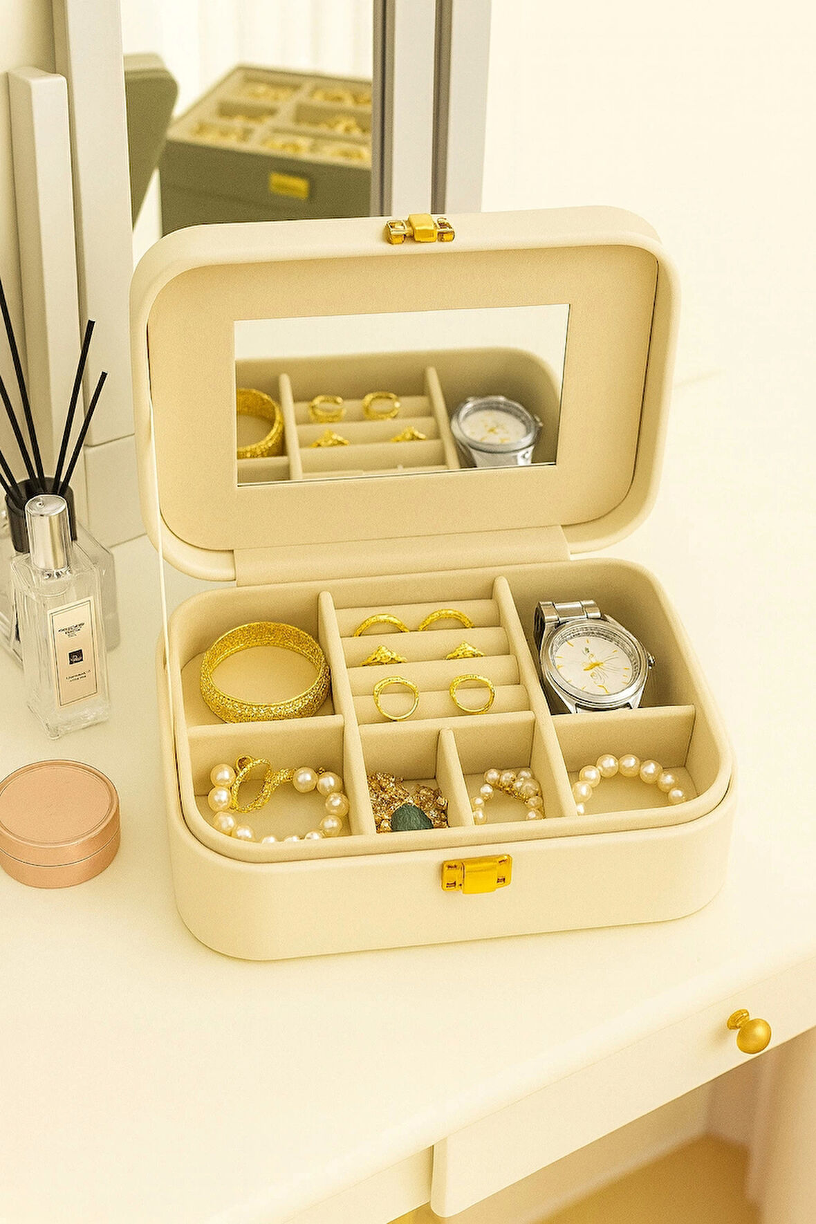 Deri Seyahat Takı Bijuteri Mücevher Kutusu Organizer Düzenleyici 20cm Krem İthal Ürün