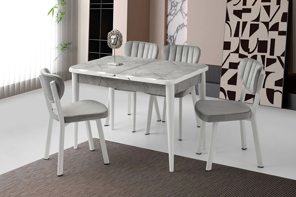 Kelebek Lagina Ahşap Salon Yemek Masa Sandalye Takımı 4 Sandalyeli Ortadan Açılır Büyüyen Mermer Desen 90x160