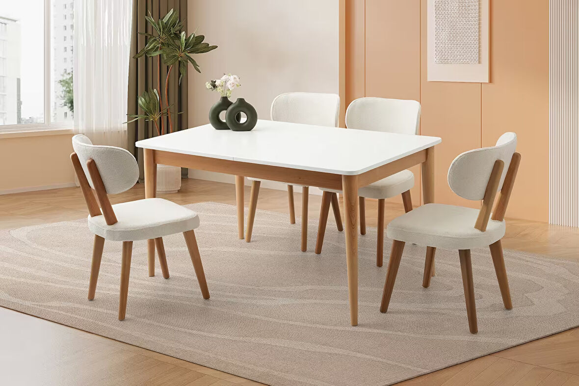 Fidan Ahşap Salon Yemek Masa Sandalye Takımı 4 Masal Sandalyeli Ortadan Açılır Büyüyen 90x140cm