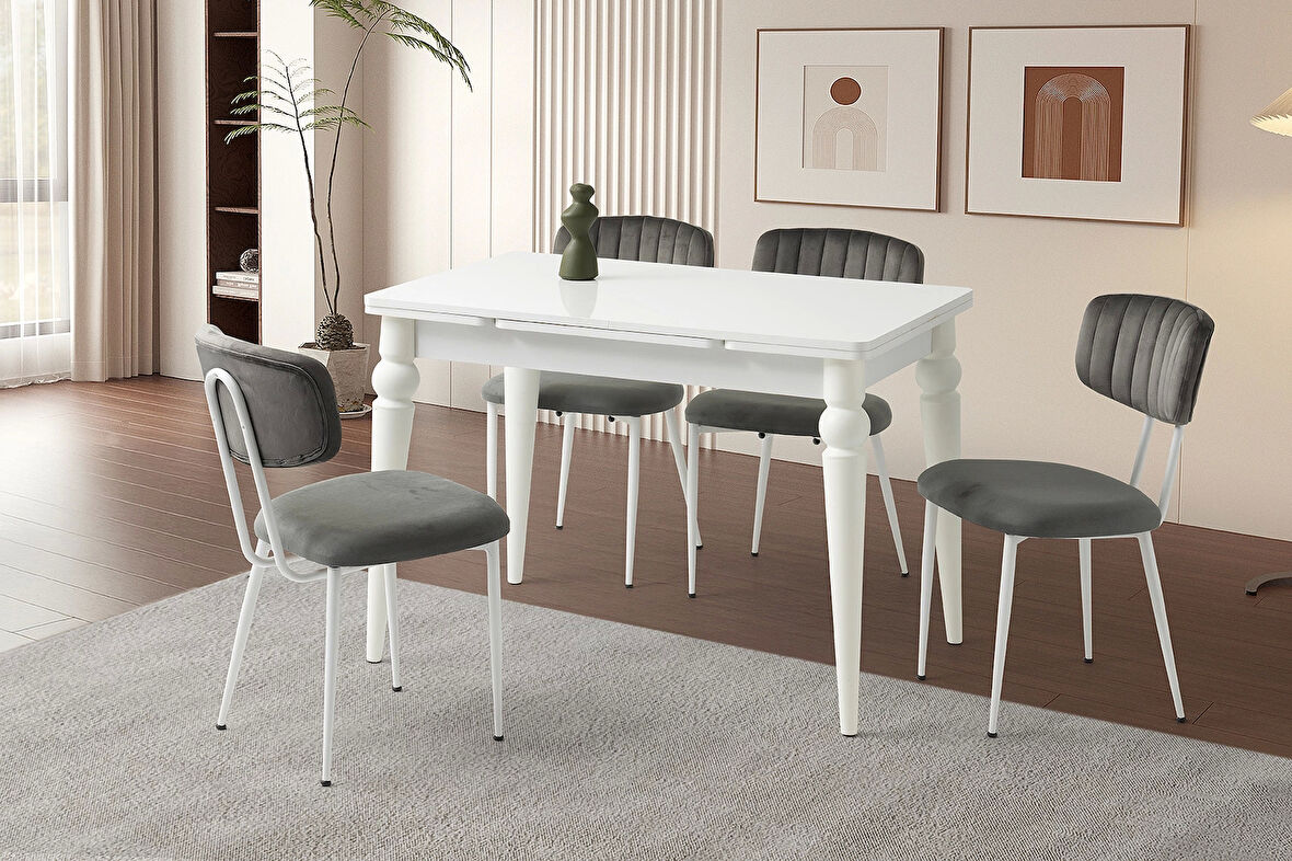Ahşap Salon Yemek Masa Sandalye Takımı 4 Pınar Sandalyeli Yandan Açılır Büyüyen Beyaz 70x110cm