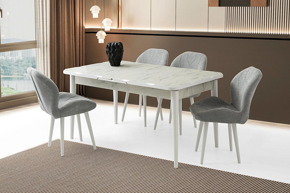 Ahşap Salon Yemek Masa Sandalye Takımı 4 Porto Sandalyeli Ortadan Açılır Büyüyen 90x160cm Mermer Desen
