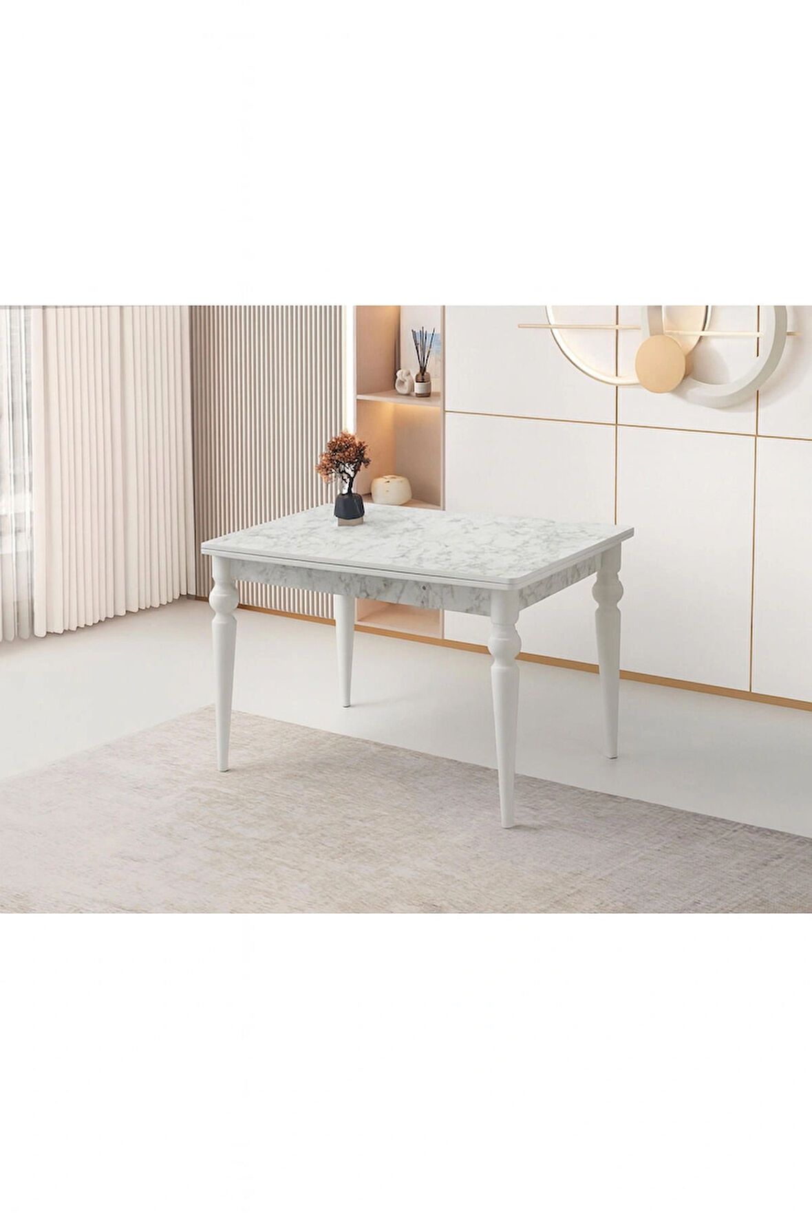 Yandan Açılır Büyüyen Yemek Masası Beyaz Mermer Desenli 80x120cm SADECE MASA FİYATIDIR