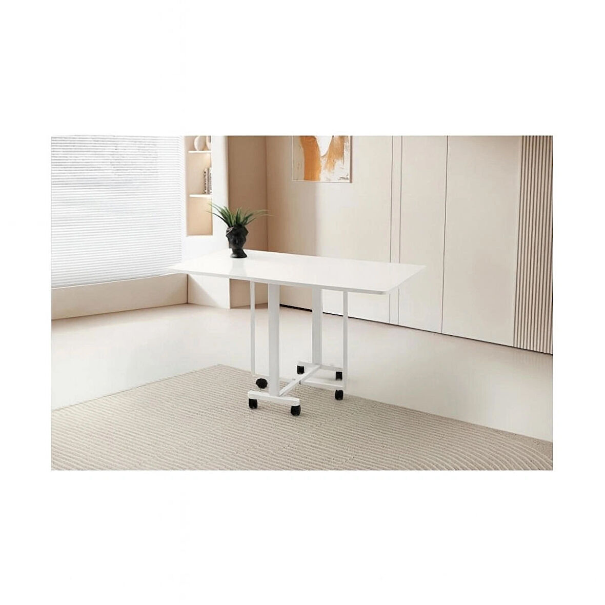 Katlanır Portatif Tekerlekli Mutfak ve Balkon Masası Beyaz SADECE MASA GÖNDERİLİR